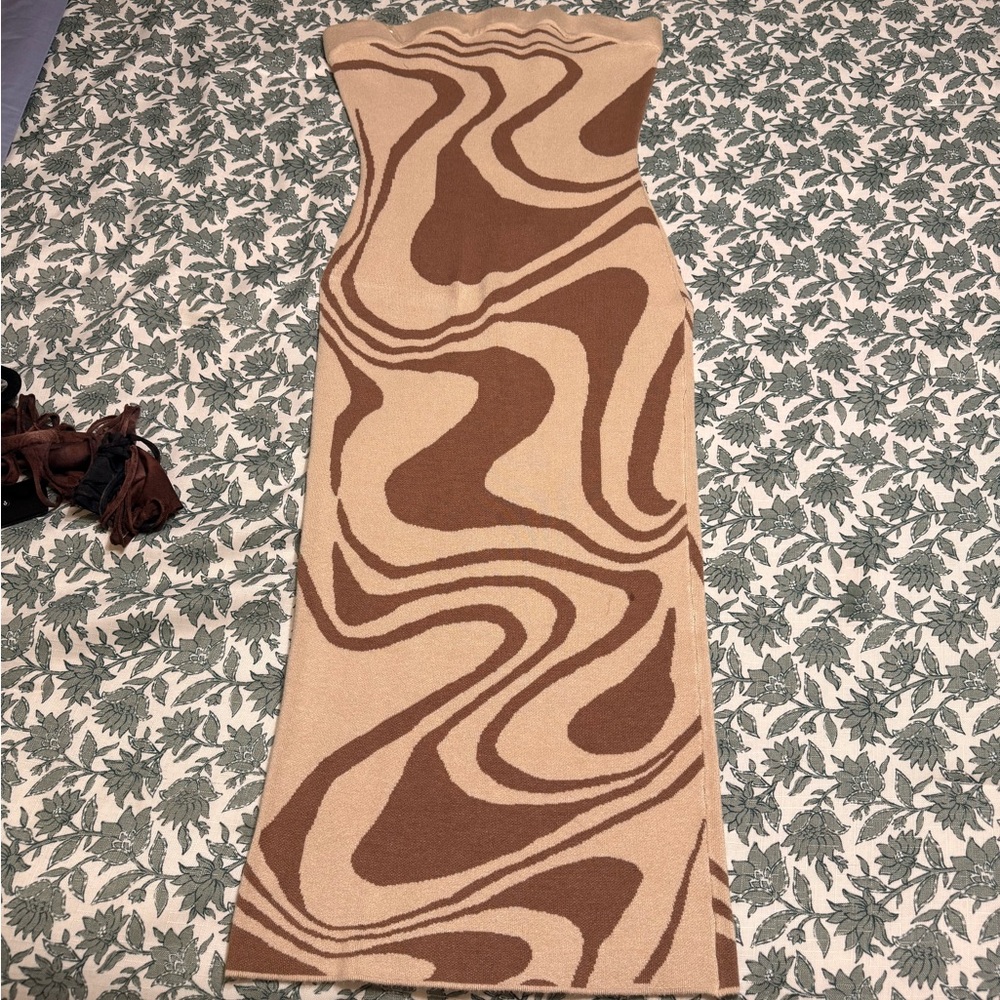 Strapless Beige and Brown Swirl Knit Dress